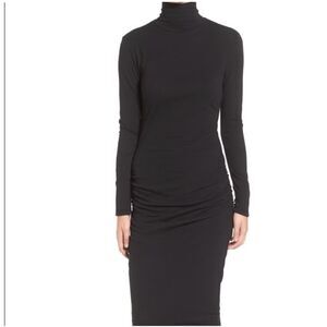 James Perse Mock Neck‎ Ruched Bodycon Stretch MIDI Dress Long sleeve Black Large